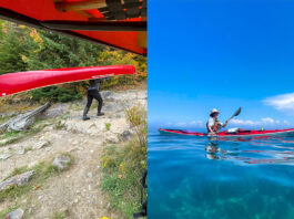 split-screen image of a person portaging a red canoe and a woman paddling a red kayak