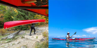 split-screen image of a person portaging a red canoe and a woman paddling a red kayak