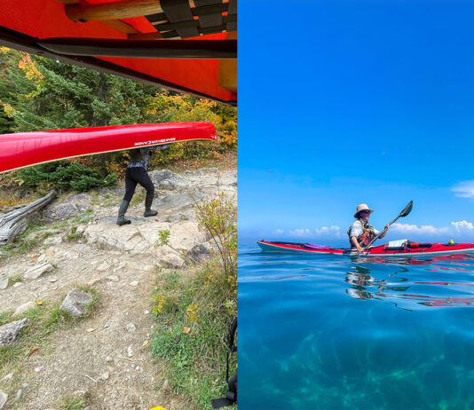 split-screen image of a person portaging a red canoe and a woman paddling a red kayak