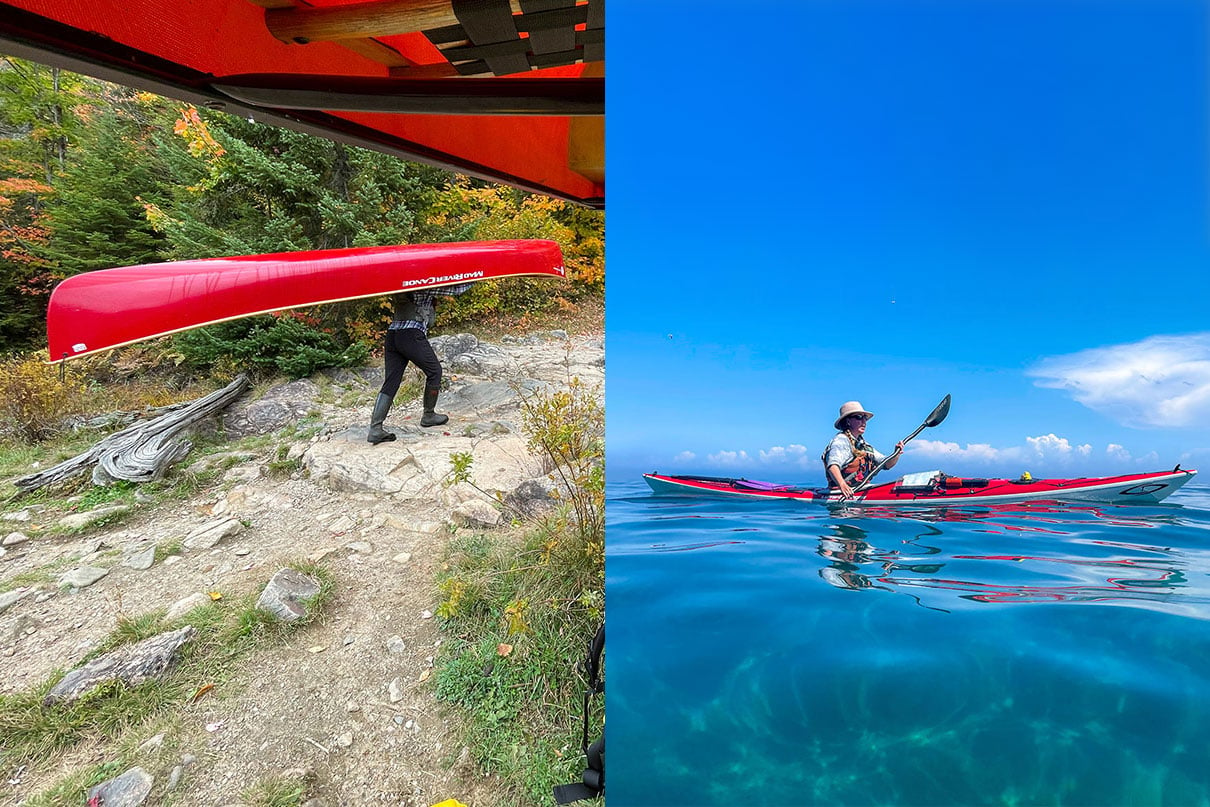 split-screen image of a person portaging a red canoe and a woman paddling a red kayak