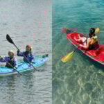 on the left, two women paddle a blue tandem sit-inside kayak, while on the right a woman paddles a red solo sit-on-top