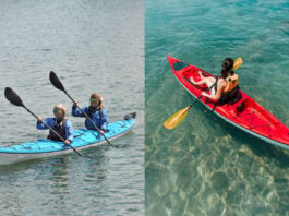 on the left, two women paddle a blue tandem sit-inside kayak, while on the right a woman paddles a red solo sit-on-top