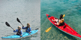 on the left, two women paddle a blue tandem sit-inside kayak, while on the right a woman paddles a red solo sit-on-top