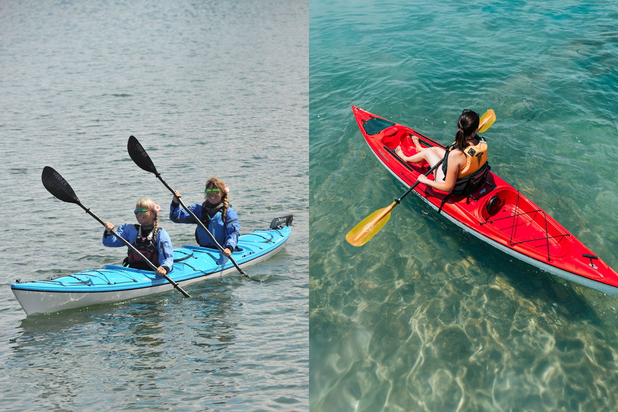 on the left, two women paddle a blue tandem sit-inside kayak, while on the right a woman paddles a red solo sit-on-top