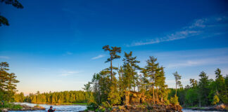 a person on the bank watches while a whitewater kayaker paddles in rapids in front of a small river island