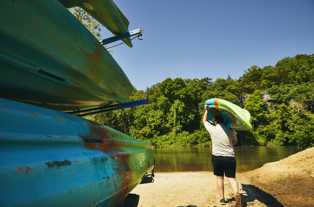 Unloading kayaks for a Missouri river trip.