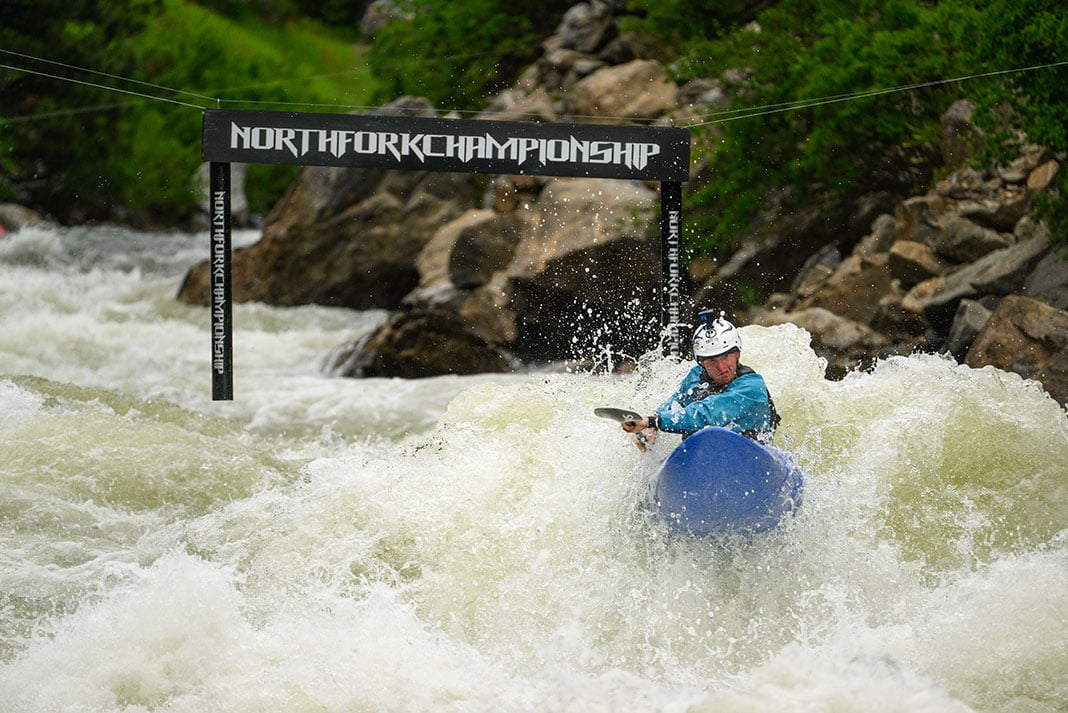 Alec Voorhees paddling hard at the North Fork Championship