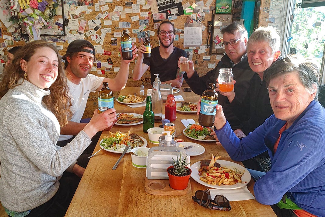 Left to right: Wendy, Colin, Marcus, Ken, Kim and Louise enjoying their “new selves” at Bullock’s Bistro in Yellowknife