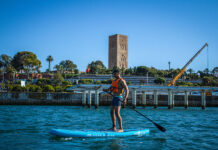 man stands and paddles a beginner paddleboard