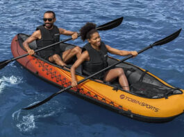 two people paddle the Tobin Sports Wavebreak