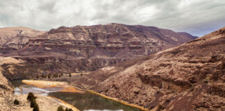 canoeist with permit travels down the John Day River surrounded by massive striated rock cliffs