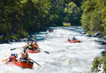 a group of rafters paddle down the renowned Hells Canyon section of the Klamath River