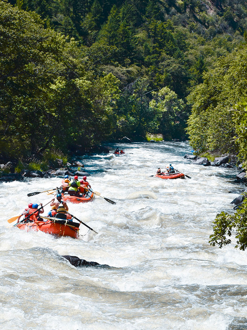 a group of rafters paddle down the renowned Hells Canyon section of the Klamath River