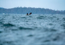 kayaker paddles through heavy seas on a rainy day