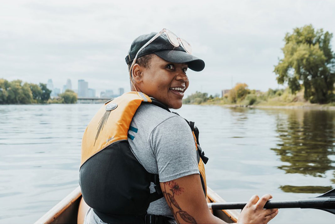 a portrait of kayaker Devin Brown on the water before she embarks on her Mississippi River expedition