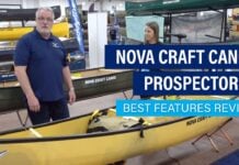 people stand beside the Nova Craft Prospector 14 at Canoecopia