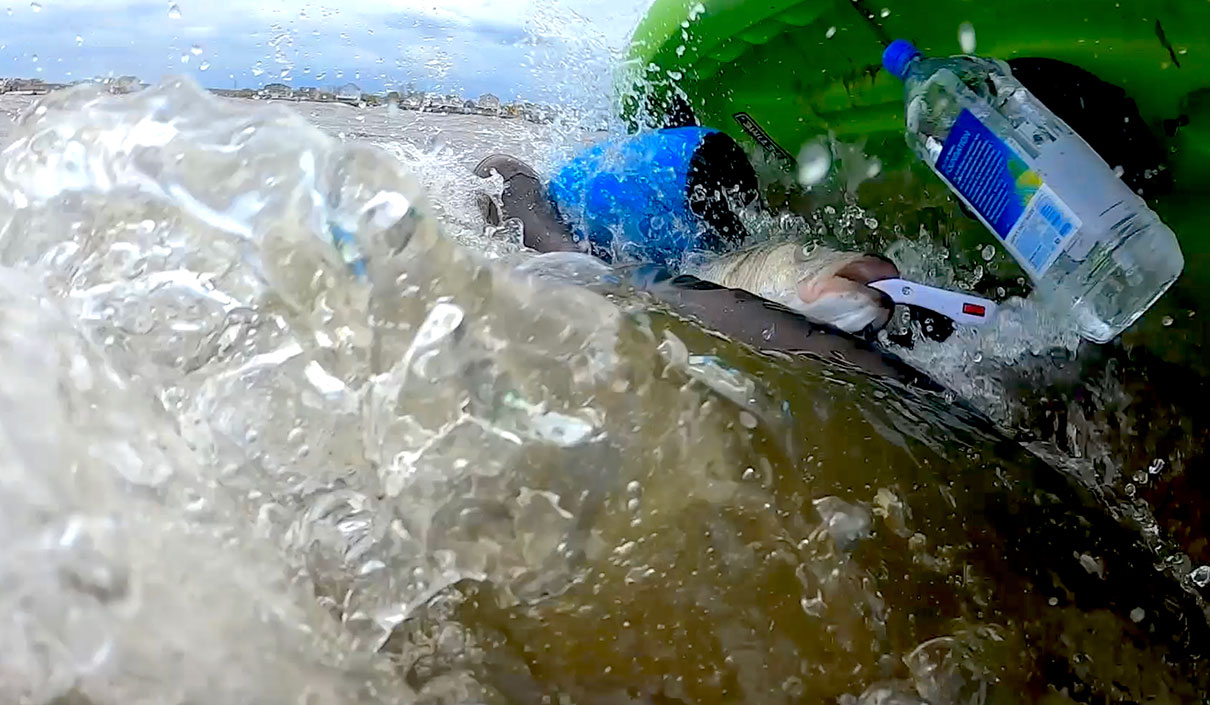 a fishing kayak flips with a striped bass on the deck