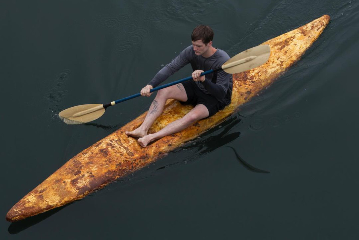 Sam Shoemaker with mushroom kayak in Los Angeles