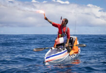 Cyril Derreumaux arriving in Hilo, Hawaii, after 92 days, aboard his 23-foot-long kayak Valentine, named after his sister