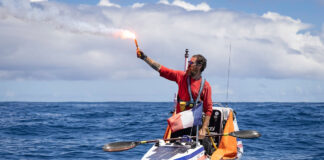 Cyril Derreumaux arriving in Hilo, Hawaii, after 92 days, aboard his 23-foot-long kayak Valentine, named after his sister