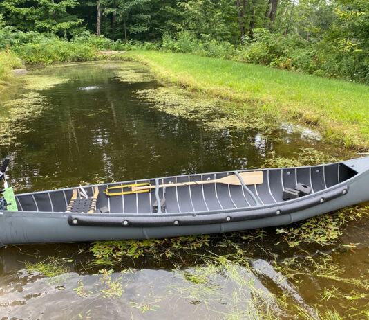 radisson canoe sits crosswise on narrow waterway with motor on stern