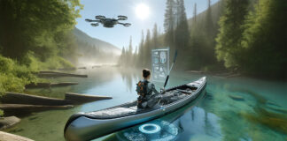 a woman in the future wilderness canoeing with aid of drone and augmented reality interface