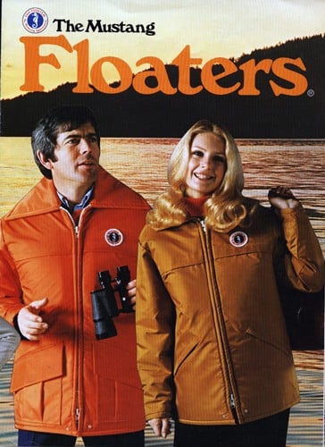 Ad from the Mustang Survival archives featuring Floater Coats on man and woman.