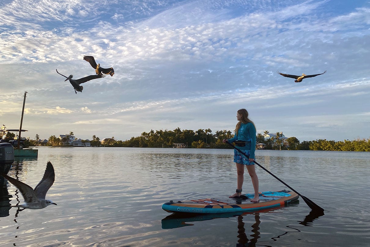 young woman paddleboards near pelicans in Florida