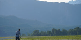 man standup paddleboarding in front of a scenic mountain landscape