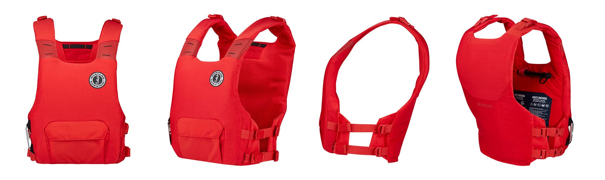 4 angles of the Mustang Survival Khimera PFD in red