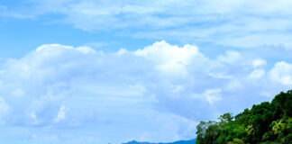 a woman paddleboards in an idyllic tropical location in Indonesia