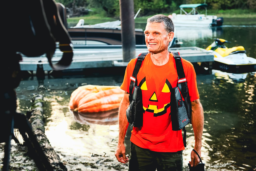 Gary Kristensen after setting record for longest journey by pumpkin paddling