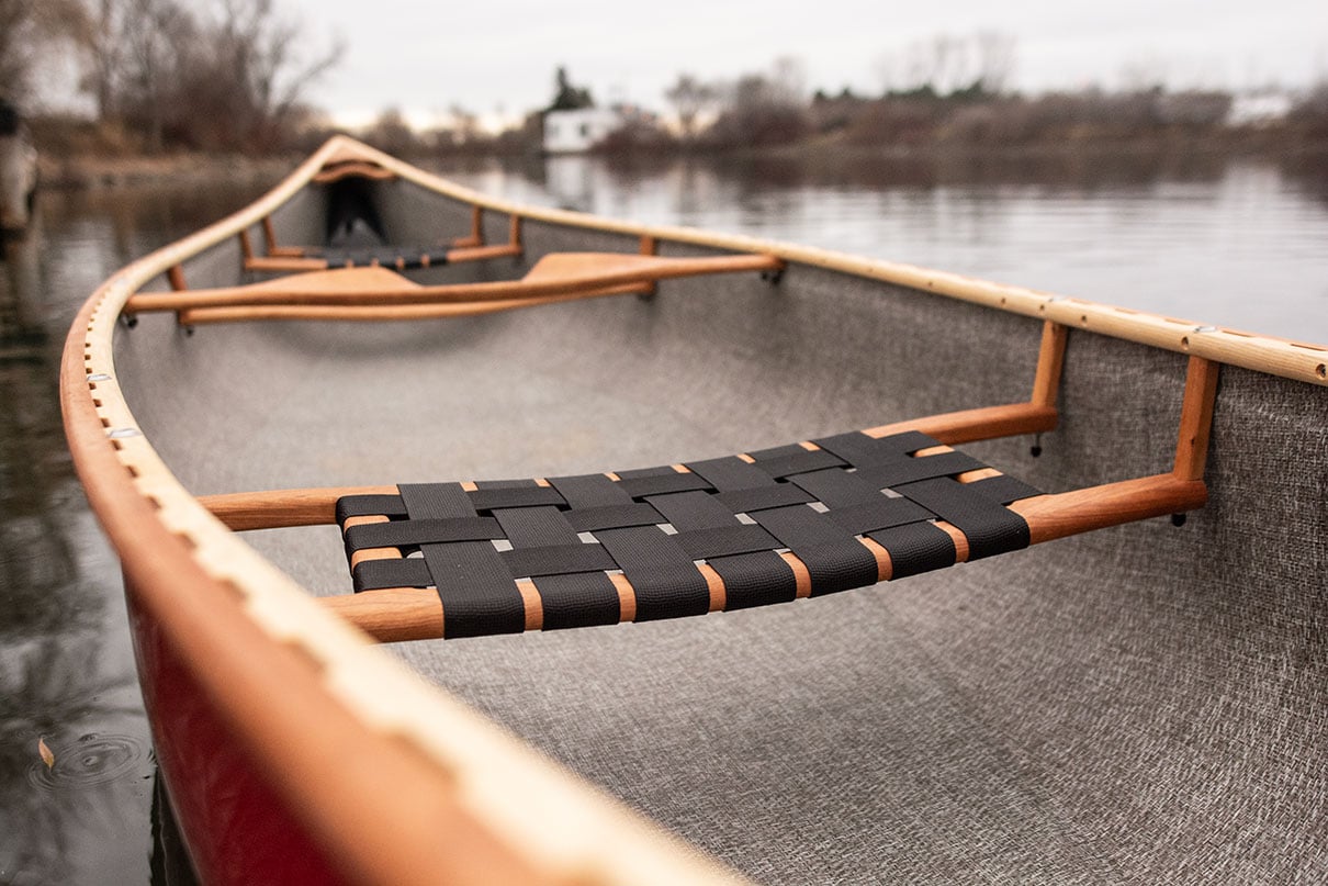 detail photo of the seat of the Rheaume Explorer 16 canoe