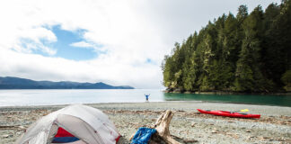 person stands on beach with arms outstretched at remote coastal campsite with kayak, tent and pack nearby