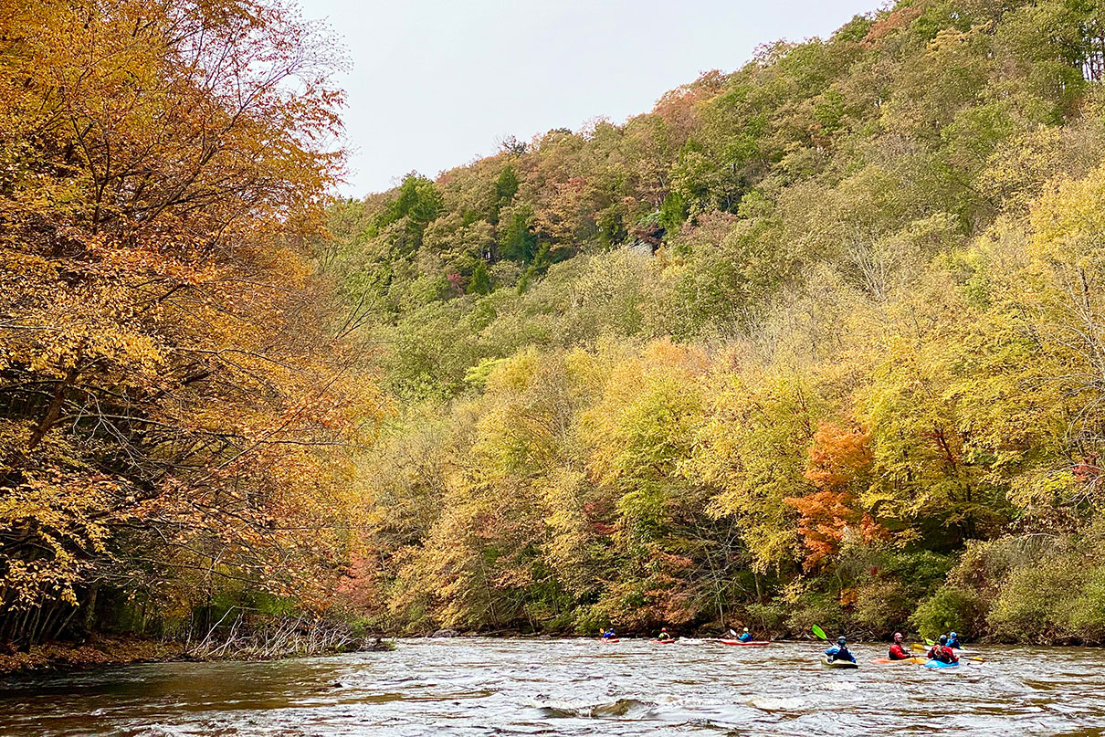 people kayaking on a river with fall foliage