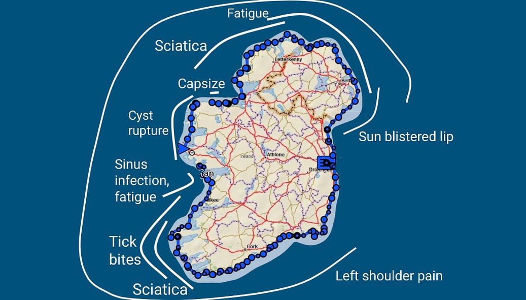 A map of Gazarian’s circumnavigation of Ireland as told by challenges along the way. | Ariel Gazarian