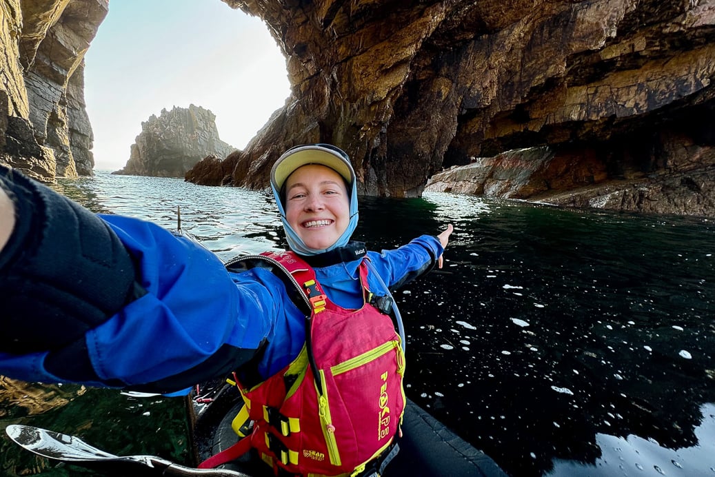 Ariel Gazarian takes a selfie in the sea caves off the Irish Coast