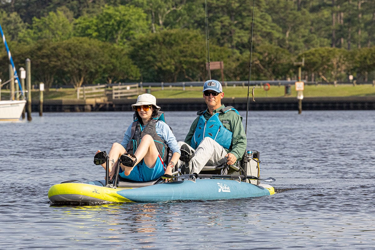 Kayak Angler editor Ric Burnley and partner pedal the Hobie Mirage iTrek 14 Duo tandem pedal kayak