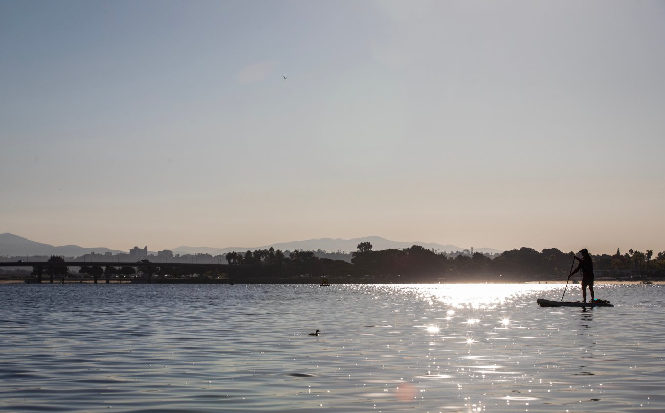 Magic hour paddleboarding in San Diego.