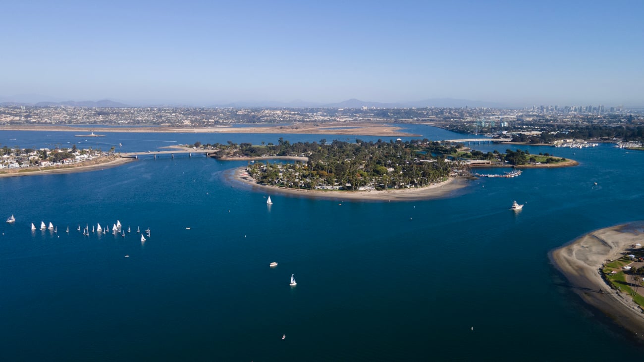 Drone shot over Mission Bay San Diego.