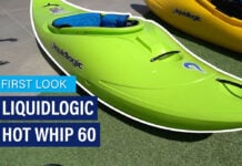 First look liquidlogic Hot Whip written over an image of the Hot Whip whitewater boat at PTC Colab 2024