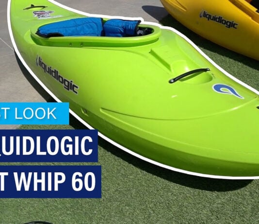 First look liquidlogic Hot Whip written over an image of the Hot Whip whitewater boat at PTC Colab 2024