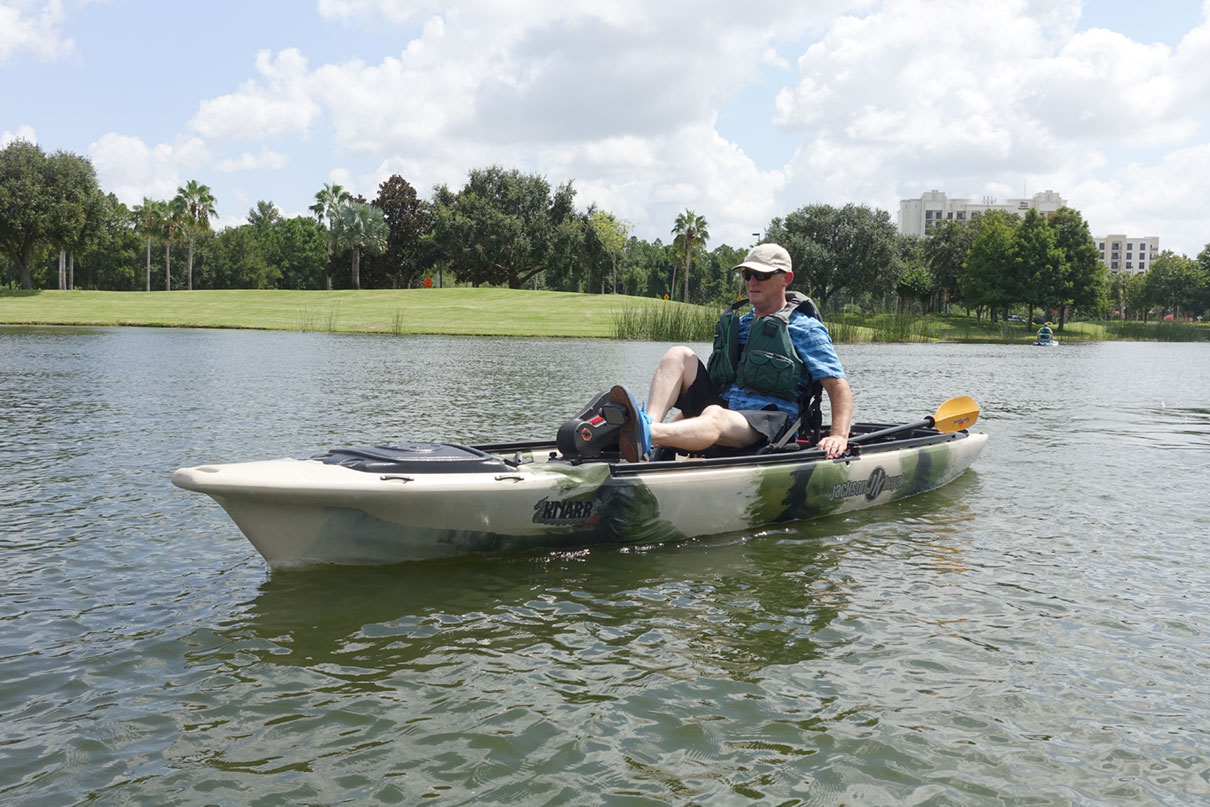 Kayak Angler editor Ric Burnley tests out a pedal-drive sit-on-top fishing kayak