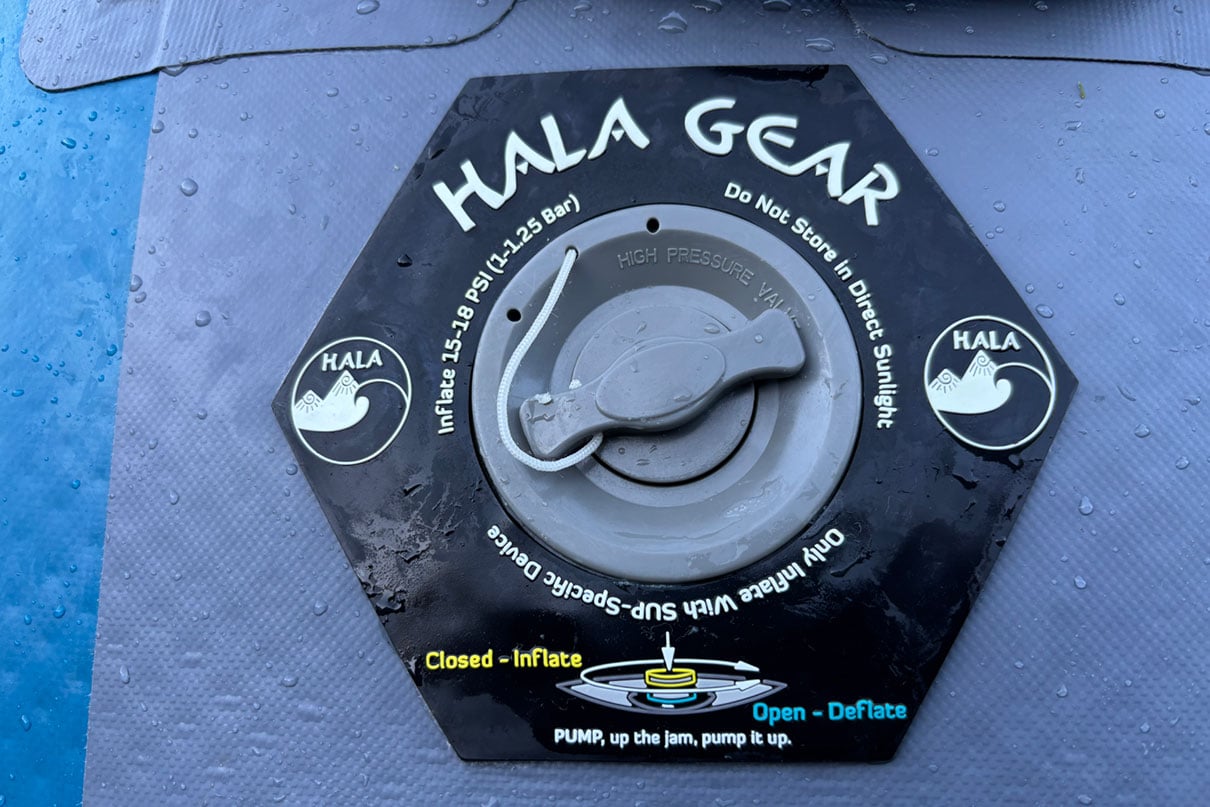 detail photo of an inflation valve on a Hala Gear inflatable paddleboard