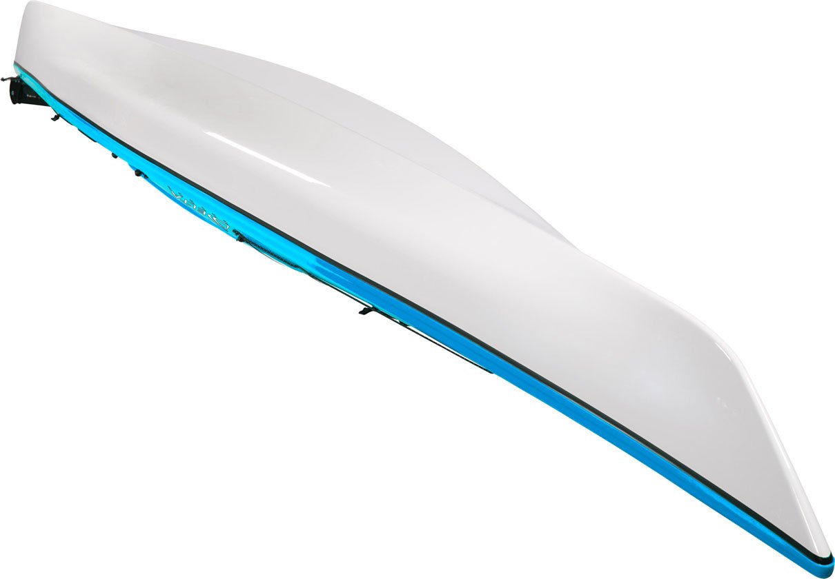 While the longer Delta 16 touring kayak (blue), sacrifices some initial stability for secondary stability with a V-hull—combined with a longer, narrower shape, this increases speed and tracking