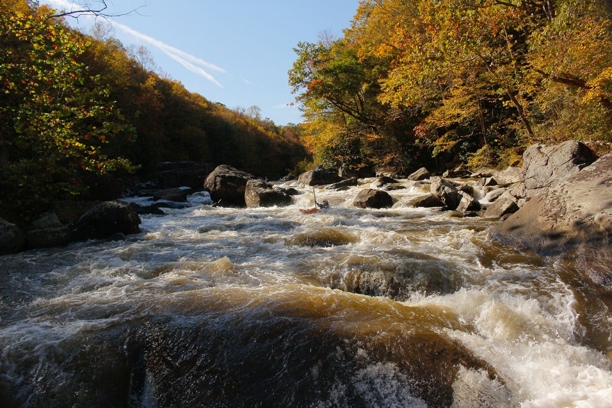 Class IV Heinzerling exemplifies the long, technical boulder gardens of the Upper Youghiogheny River’s rapids