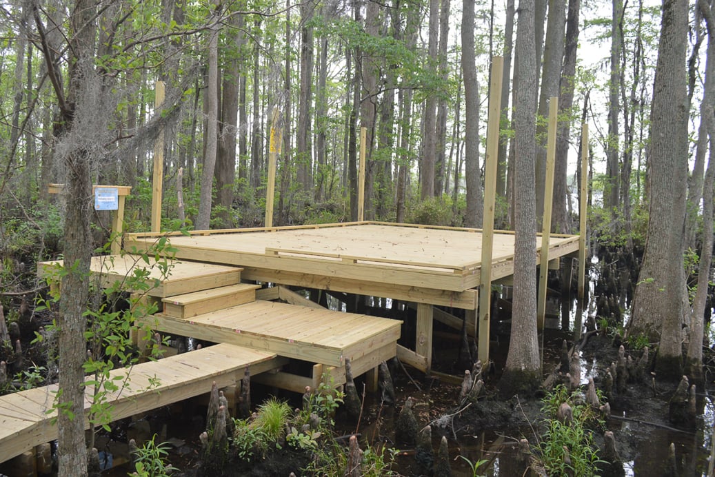 New camping platforms have been built along the Roanoke River State Trail, the first state trail to reach full designation. The state trail markers include a depiction of these iconic wilderness campsites, managed by Roanoke River Partners.