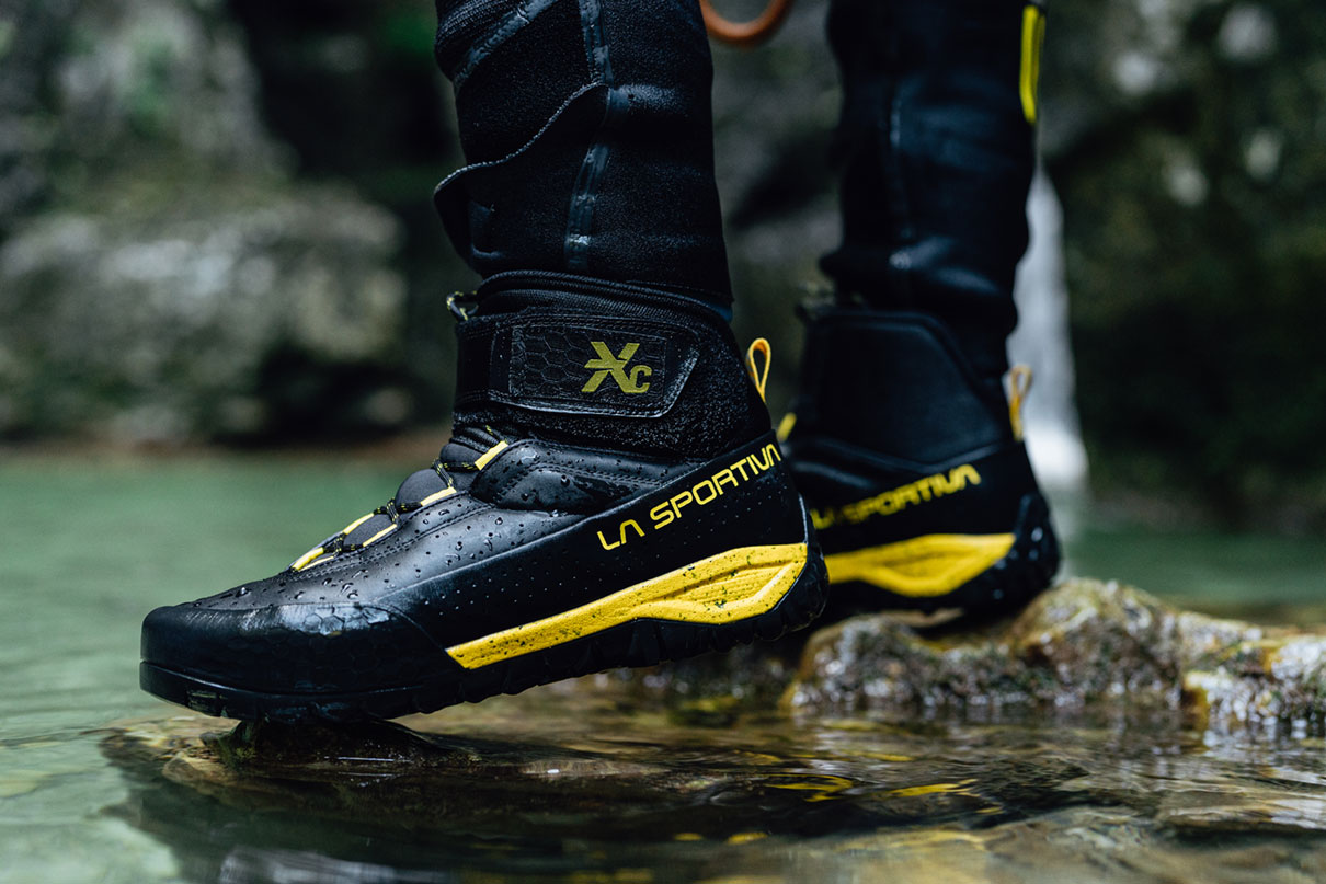 close up of person wearing La Sportiva TX Canyon water shoes