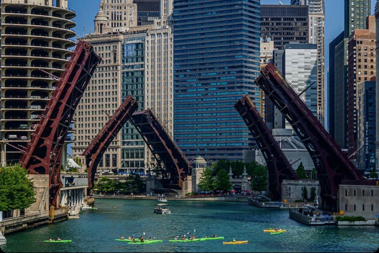 Bridges lifted on Chicago waterfront.