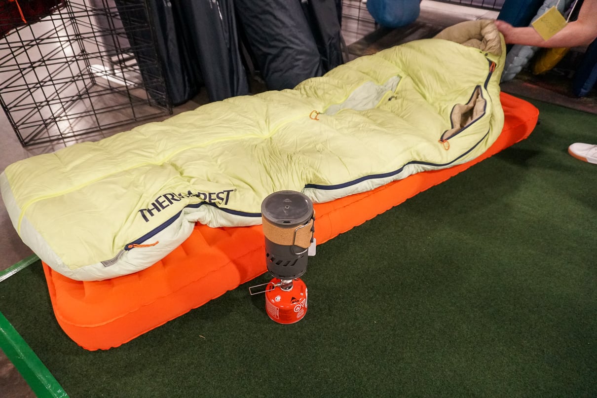 Therm-A-Rest's new sleeping bag and pad at Canoecopia 2025, some of the best new camping gear of the year. Image: Joe Potoczak.